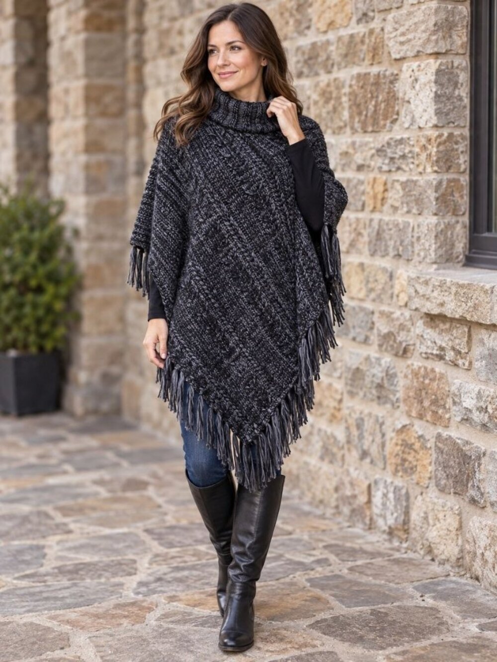Time and Tru Womens One Size Grey Cable Knit Turtleneck Poncho Fringe NWT